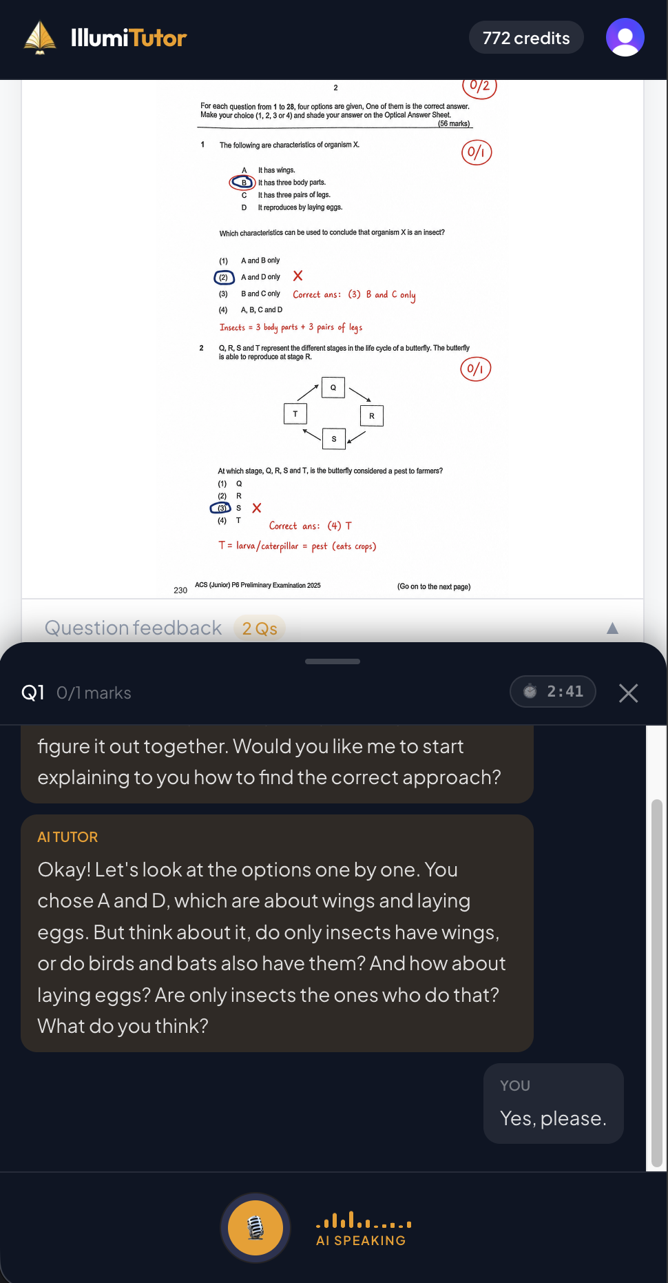 AI Tutor voice session: the tutor speaks and listens in real time while guiding a student through a question