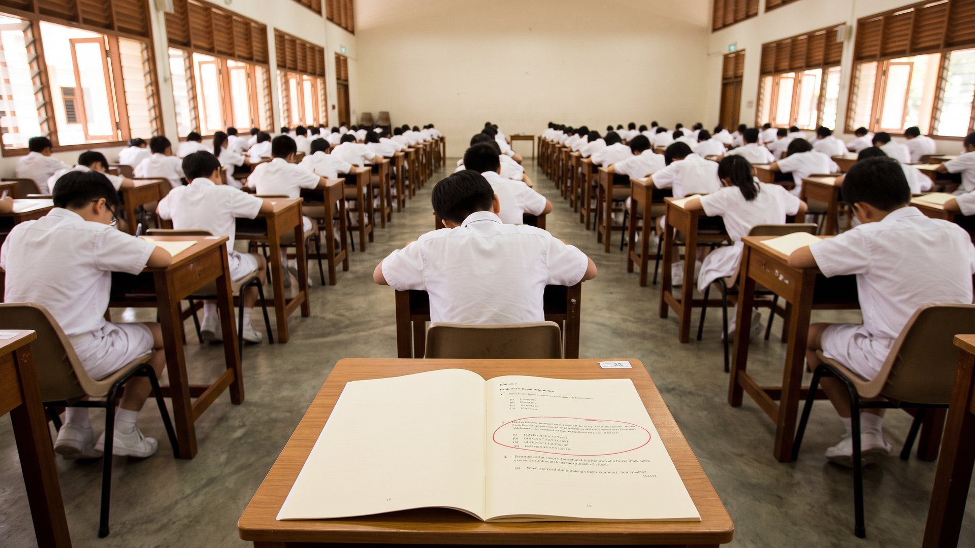 Rows of Primary 6 pupils in white school uniforms seen from behind in a Singapore primary-school examination hall during the PSLE Mathematics paper, one open paper in the foreground with a word problem ringed in red.