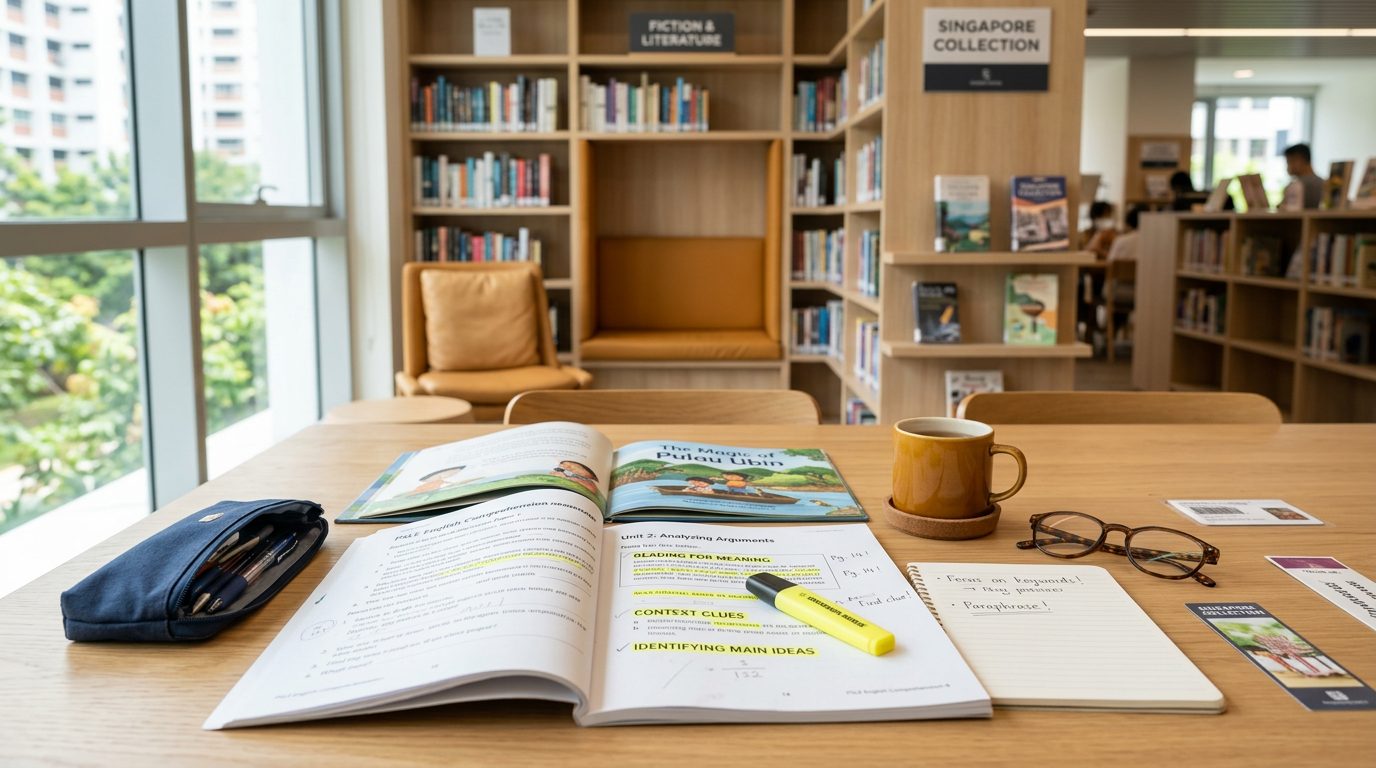 An open English comprehension book and a local storybook on a reading table in a bright Singapore neighbourhood public library, a yellow highlighter across the page and tall bookshelves behind.