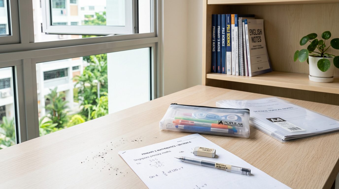 A mechanical pencil and eraser on a neatly worked Singapore primary maths worksheet, a clear Popular pencil case and a little eraser dust beside it, on a light-birch study desk by an HDB window.