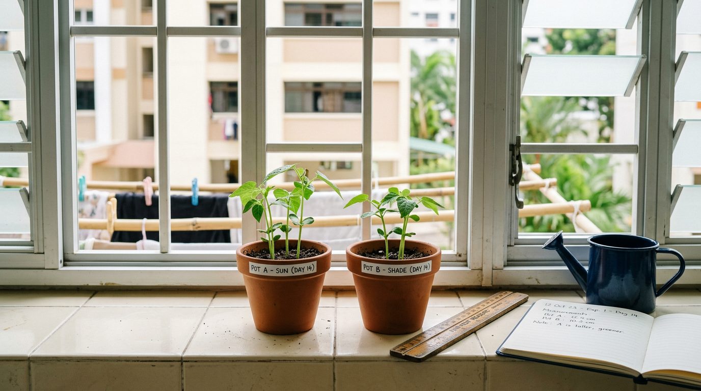 Two identical seedling pots labelled “Pot A – Sun” and “Pot B – Shade” on an HDB service-yard windowsill, with an observation log and a ruler and bamboo laundry poles outside — a real fair-test experiment.