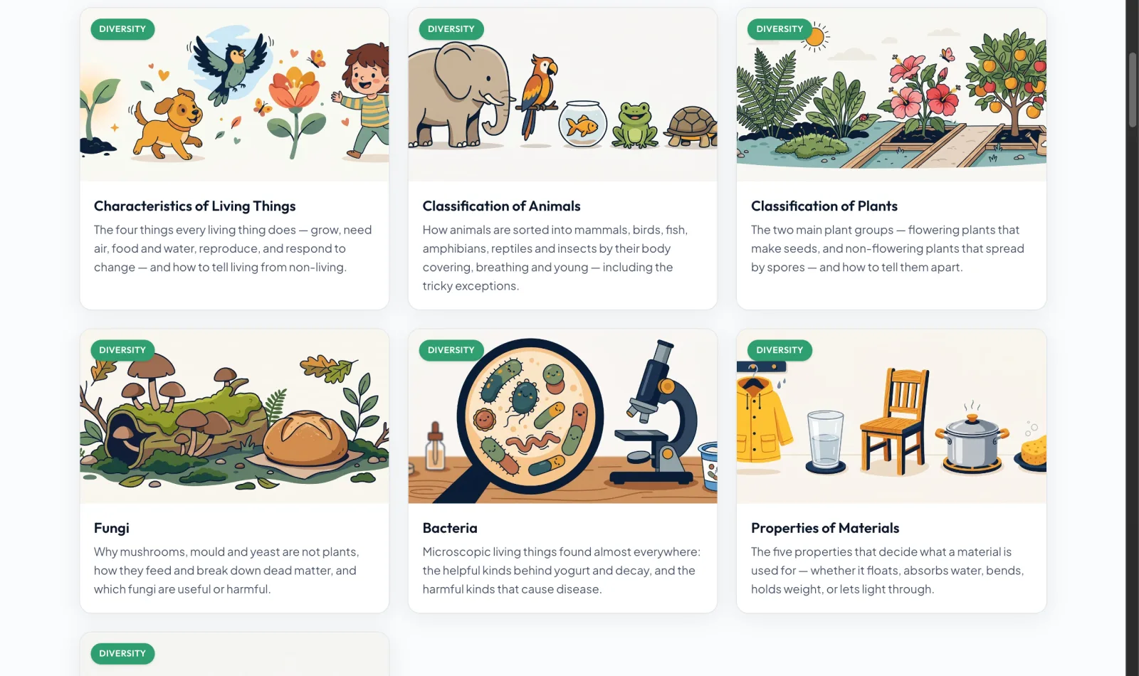 A grid of free interactive PSLE Science notes, each with its own illustration